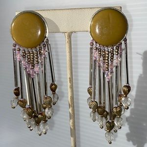 Vintage Sooz Long Beaded Sterling Clip Earrings Faceted Beads, Hearts